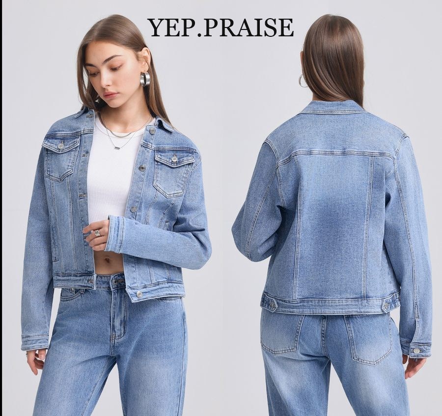 YEP.PRAISE AW26 collection — light-wash denim jacket, front and back