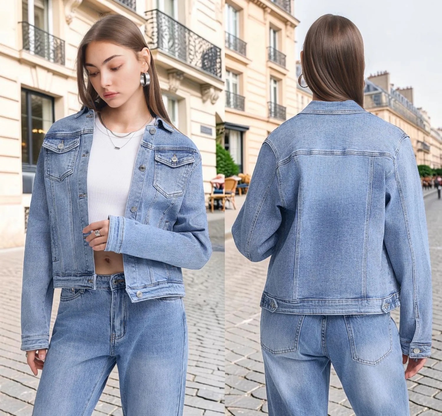 YEP.PRAISE AW26 collection — light-wash denim jacket, front and back