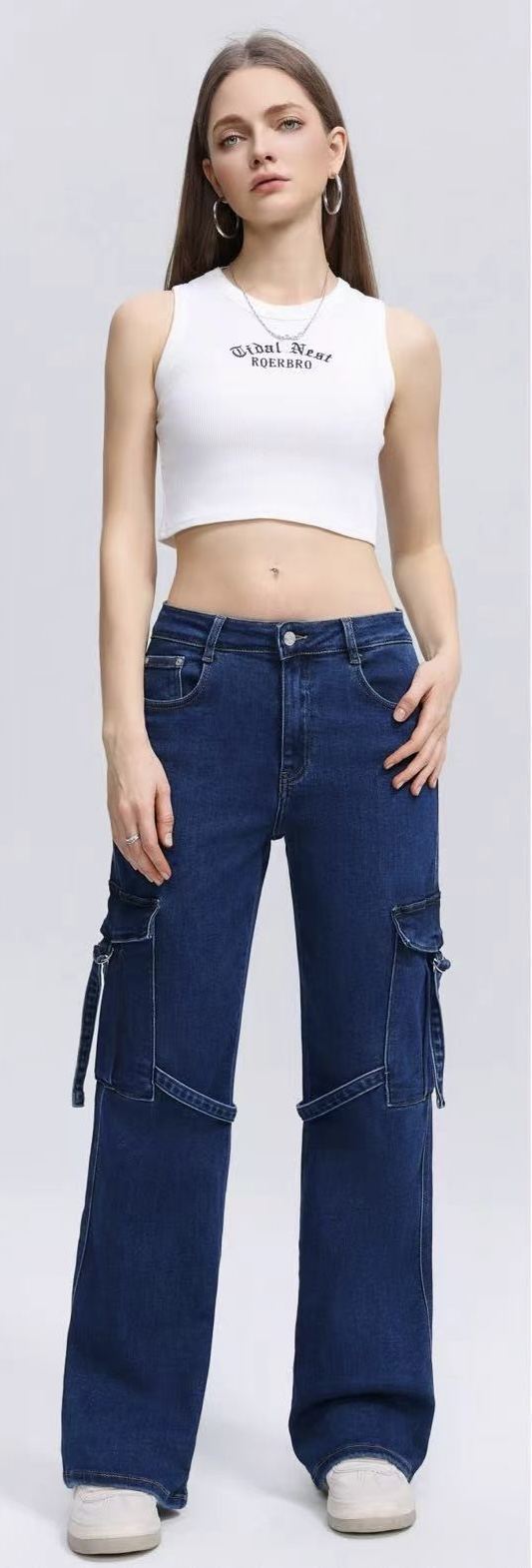 Cargo wide-leg blue denim