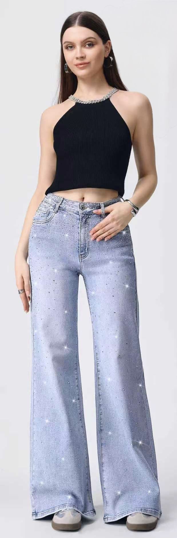 Embellished rhinestone wide-leg denim