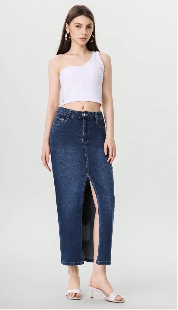 Long denim skirt with front slit